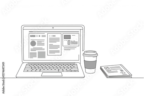 Modern workplace depiction showing a laptop, coffee cup, and newspaper, perfect for business, technology, or editorial designs.