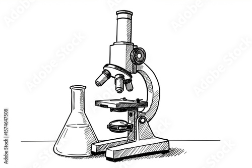 Detailed scientific graphic featuring a microscope and flask, ideal for laboratory or research themes and educational designs.