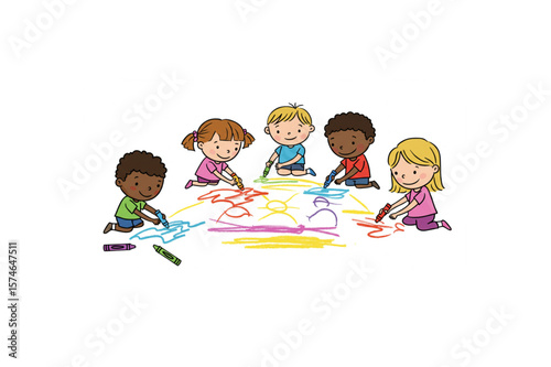 Adorable children drawing together creates a vibrant graphic suitable for preschool materials and playful educational designs.