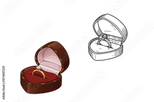 Elegant diamond ring graphic showcased in a heart shaped box, suitable for romance themes and wedding or engagement designs.