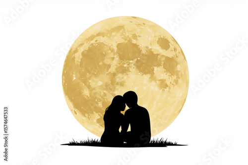 A romantic scene features a couple sitting in silhouette against a large, glowing moon, suitable for logo or graphic design.