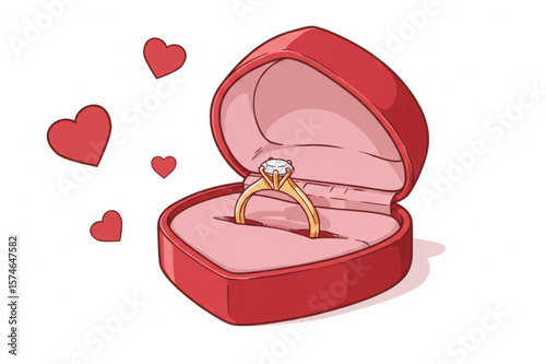 Romantic proposal graphic featuring a diamond ring in a red heart shaped box with floating hearts, perfect for love themed designs.