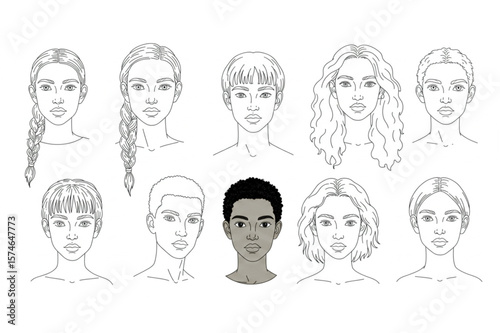 Diverse faces graphic portraying different hairstyles and expressions, perfect for beauty, fashion, or character design projects.