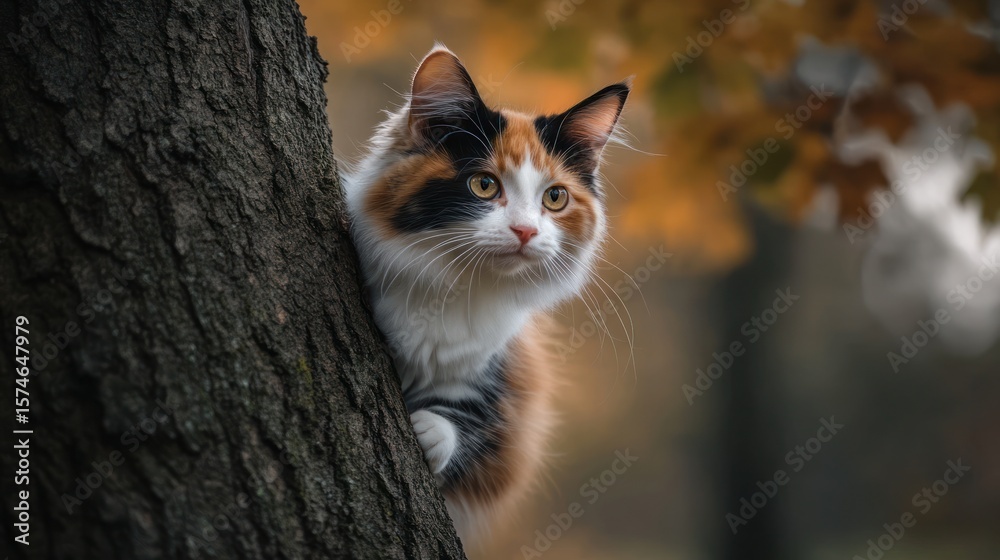 Obraz premium Colorful cat perched on tree trunk in autumn park. Possible use nature, pet, animal, autumn, outdoors