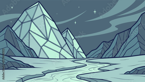 Icy mountain hills made of shattered blue glass, aurora reflections on frozen surfaces, geometric ice formations, ethereal silver light, fantasy matte painting