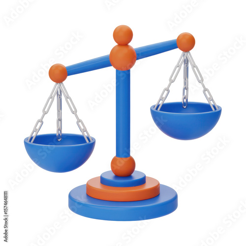 PNG 3d rendering, illustration, scales of justice, balance scales, minimalist design, blue and orange color scheme, flat design, simple shapes, geometric, metallic, high contrast
