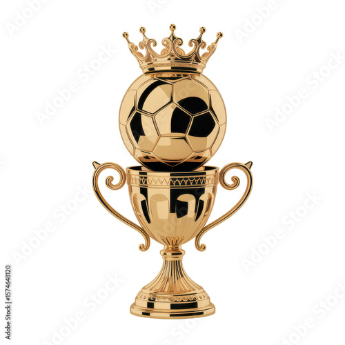PNG detailed, highly realistic, intricate, glossy, gold trophy, soccer ball, crown, ornate, royal, luxury, elegant, detailed patterns, elegant filigree, ornate detailing, finely crafted, photorealisti