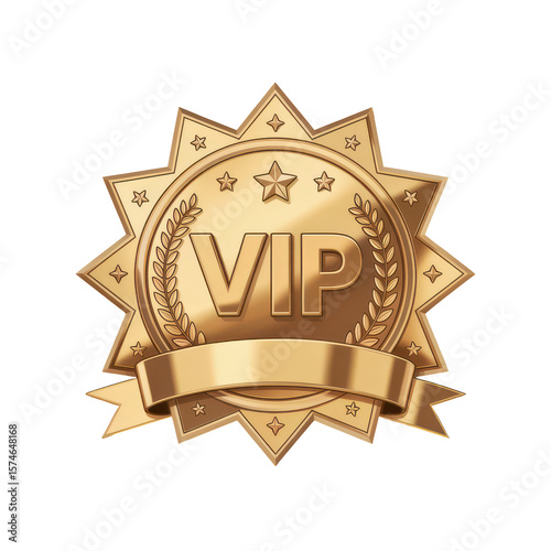 PNG golden VIP seal, award emblem, decorative star pattern, metallic gold badge, high quality luxury insignia, premium membership design, elegant heraldic illustration, radiant circular insignia