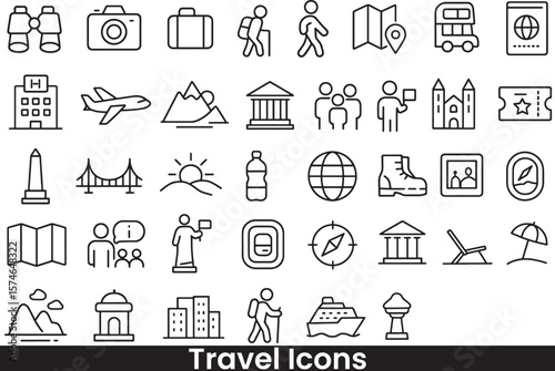 Collection of Vacation, Holiday, and Sightseeing Outline Icons