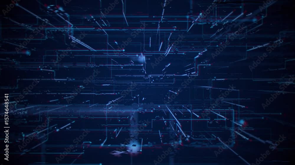Futuristic blue circuit-inspired technology background with streaming digital data nodes and glitch effect. Hacking and cyber security concept. This glitchy technology motion background is a loop.