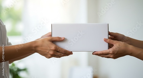 Hands exchanging a blank white box close up for delivery concept