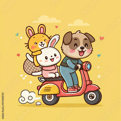Group of Cartoon Animals on Scooter
