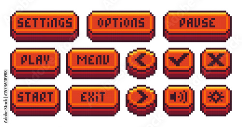 Interface menu pixel buttons. Video game UI navigation panel, retro 8 bit sprite game app navigation icons play pause menu settings options exit. Old school game symbols. Vector set