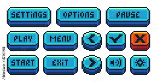 Interface menu pixel buttons. Video game UI navigation panel, retro 8 bit sprite game app icons play pause menu settings options exit, old school game symbols. Vector set