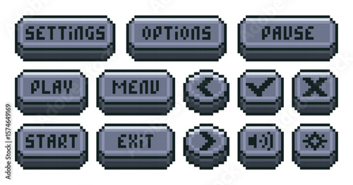 Interface menu pixel buttons. Video game retro UI navigation panel, 8 bit sprite game app icons play pause menu settings options exit. Old school game symbols. Vector isolated set
