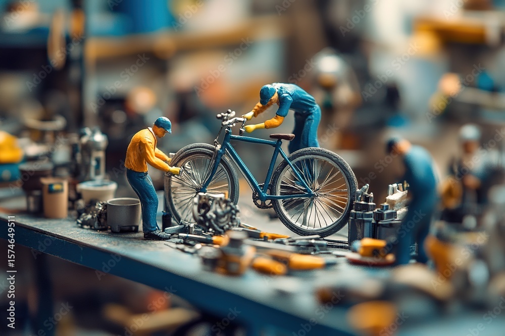 Obraz premium Miniature workers fixing a giant bicycle in an oversized repair shop