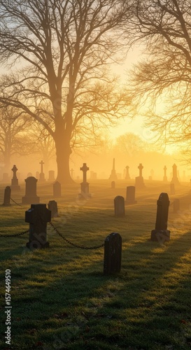 A foggy graveyard at dawn, where tombstones and trees appear in silhouette beneath the gentle sunrise glow.
