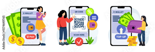 Digital E-wallet payment and top-up using QR code on smartphone flat vector illustration. Suitable for mobile banking and online finance concepts