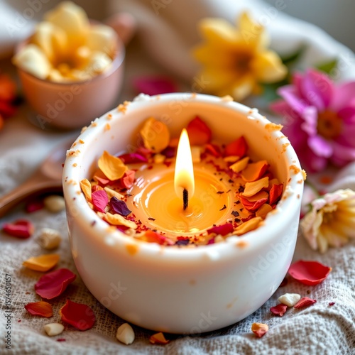 candle made of honey and flower petals, slowly melting