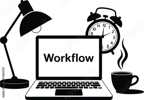 Workflow management with laptop, coffee, and clock illustration for productivity and time tracking