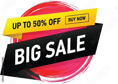 Vector art of big sale with up to 50 off and buy now button on transparent background