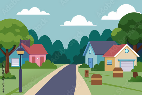 Rural village landscape with cartoon houses, trees, and sky