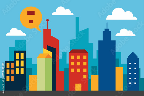 Urban city illustration with towering buildings, a vibrant street, and a serene skyline at night