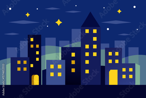 A captivating urban night skyline illustration featuring a moonlit cityscape with towering buildings and twinkling stars