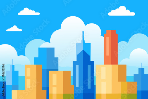 An abstract urban skyline of buildings and skyscrapers appears as a city in the clouds, illustrating a high-tech town business design
