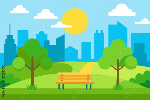 Green park benches in an urban landscape with trees and city buildings under a summer sky