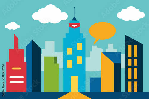 Conceptual vector illustration of an eco-friendly urban city with towering buildings, houses, and trees under a cloudy sky, forming a futuristic cityscape design