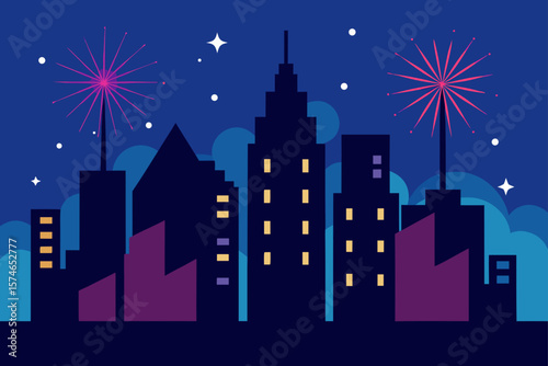 A captivating vector illustration of a New York City skyline at night, featuring prominent skyscrapers under a starry sky with a bright moon and festive lights