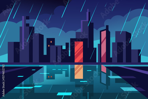 Capturing the essence of urban architecture, this abstract night cityscape silhouette features towering business buildings under a vast blue sky