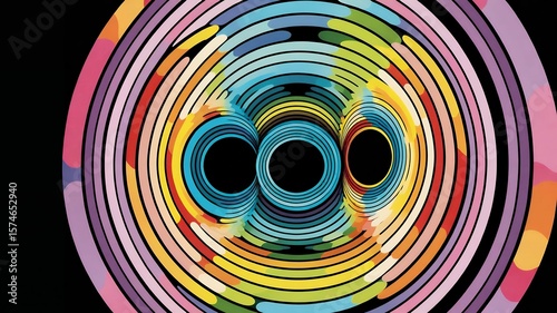 Abstract concentric circles radiating vibrant colors with a bold central graphic design.