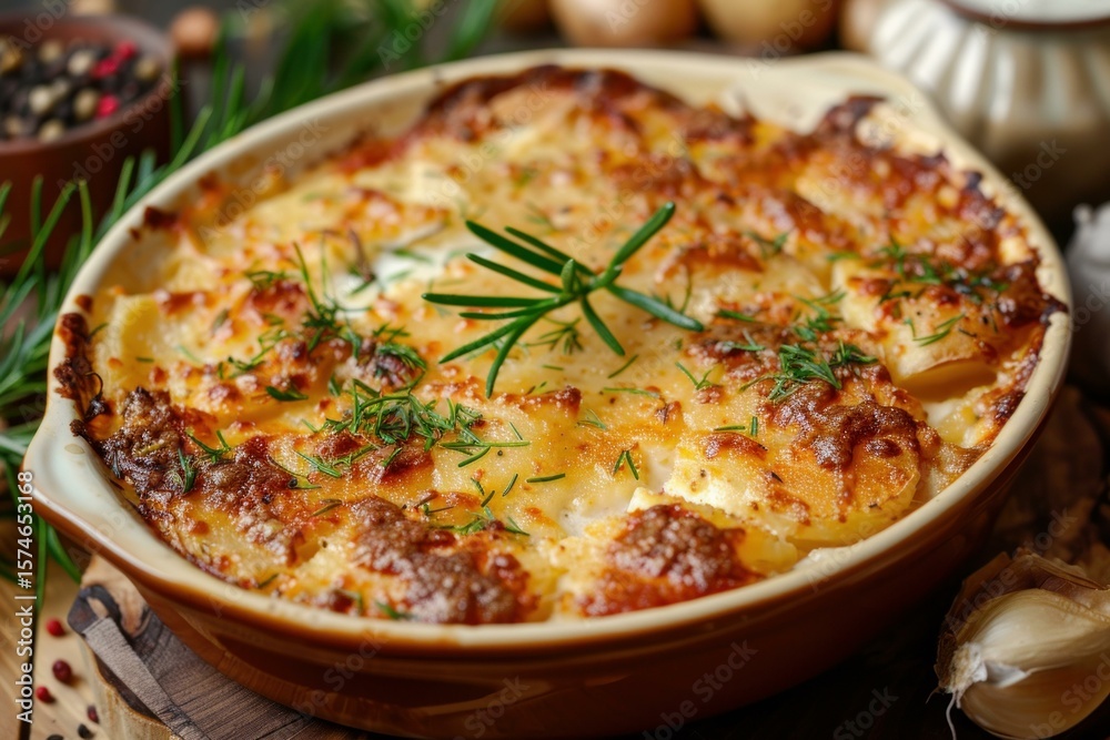 Creamy potato gratin, beautifully browned with melted cheese, fresh rosemary, and dill, served in a rustic casserole dish Creamy potato gratin, beautifully browned with melted cheese, fresh rosemary, and dill, served in a rustic casserole dish