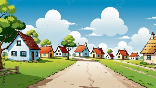 Whimsical cartoon village with charming houses, green grass, and a blue sky with fluffy clouds.