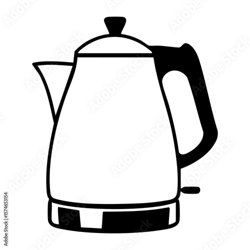Hand drawn ink illustration of a simple electric kettle with a handle and spout, symbolizing kitchen appliance for boiling water