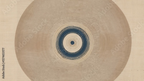 An abstract artwork features concentric circles of neutral beige and a deep blue center design.