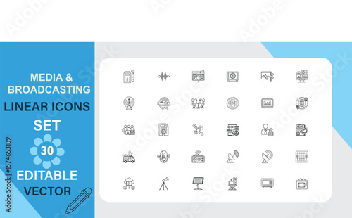 Media and Broadcasting Linear Icons Set Editable Vector