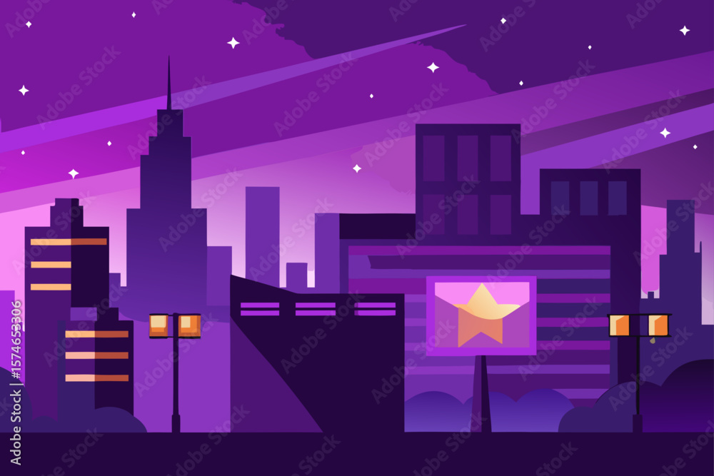 Fototapeta premium Vibrant urban night skyline illustration with towering illuminated buildings under a star-filled sky