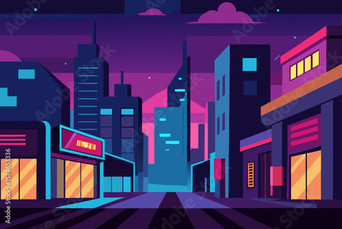 Moonlit urban street with towering city buildings and a festive sky