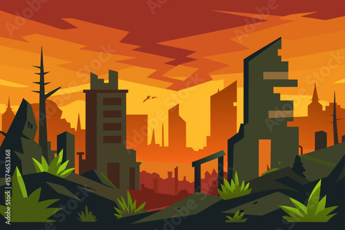 An urban sunset skyline vector illustration captures the vibrant silhouette of a city with buildings and towers against an orange sky
