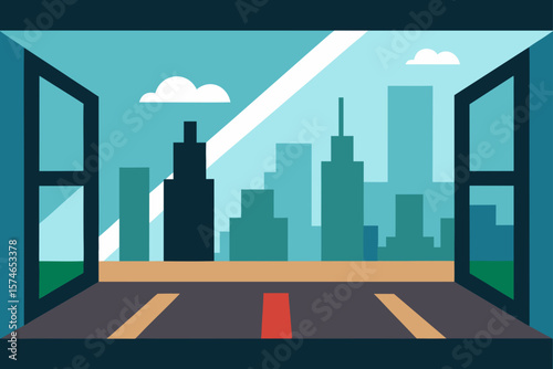 Night urban skyline with towering skyscrapers and bustling city streets
