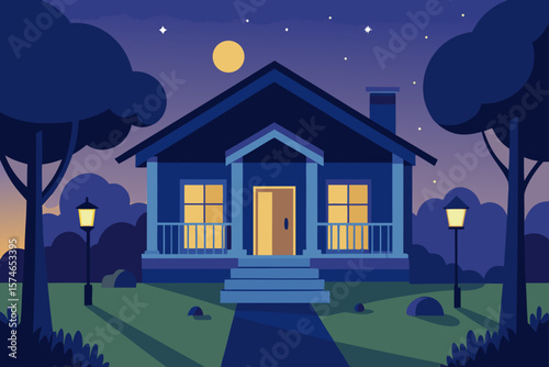Whimsical cartoon house with glowing windows under a starry night sky, nestled in a festive, moonlit city landscape