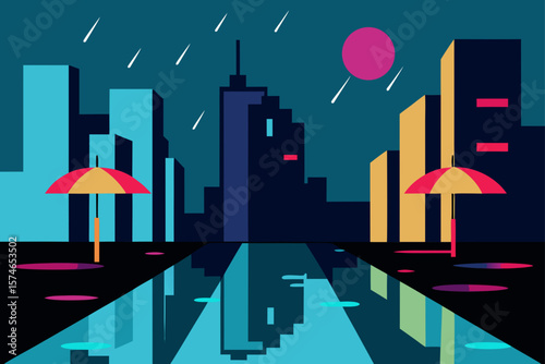 Dynamic urban night skyline illustration with towering buildings under a moonlit sky