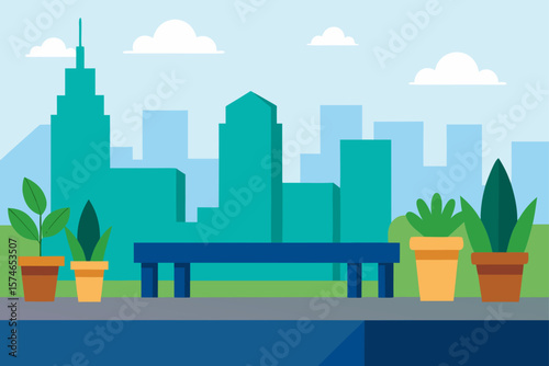 Morning urban skyline illustration with city buildings and a tree silhouette vector art