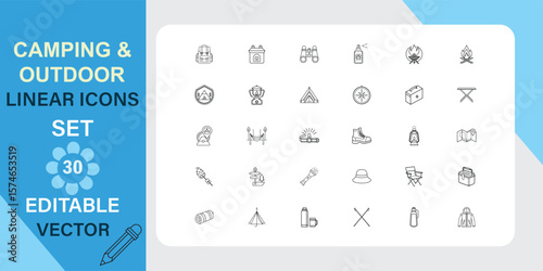 Thirty editable vector linear icons depicting camping and outdoor activities, equipment, and symbols.