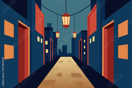 Dark urban street with long architectural perspective of illuminated city buildings