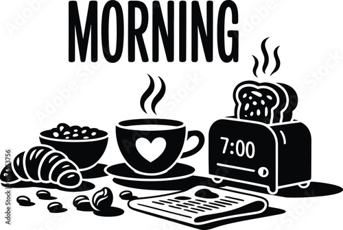 Morning breakfast scene with coffee, toast, and croissant illustration vector graphic design art