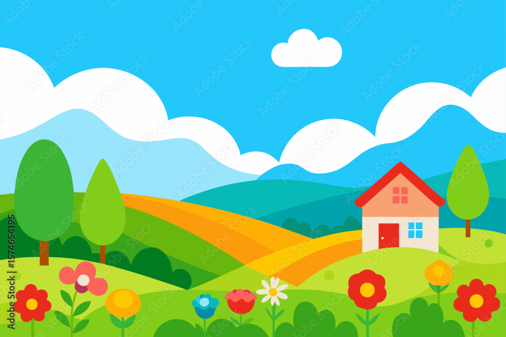Fototapeta premium A vibrant cartoon summer rural landscape with a house, green grass, blue sky, and colorful flowers illustrates a serene countryside scene